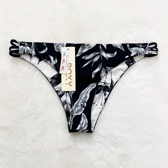 NWT Roxy Black & White Palm Print Bikini Bottoms - Picture 5 of 8